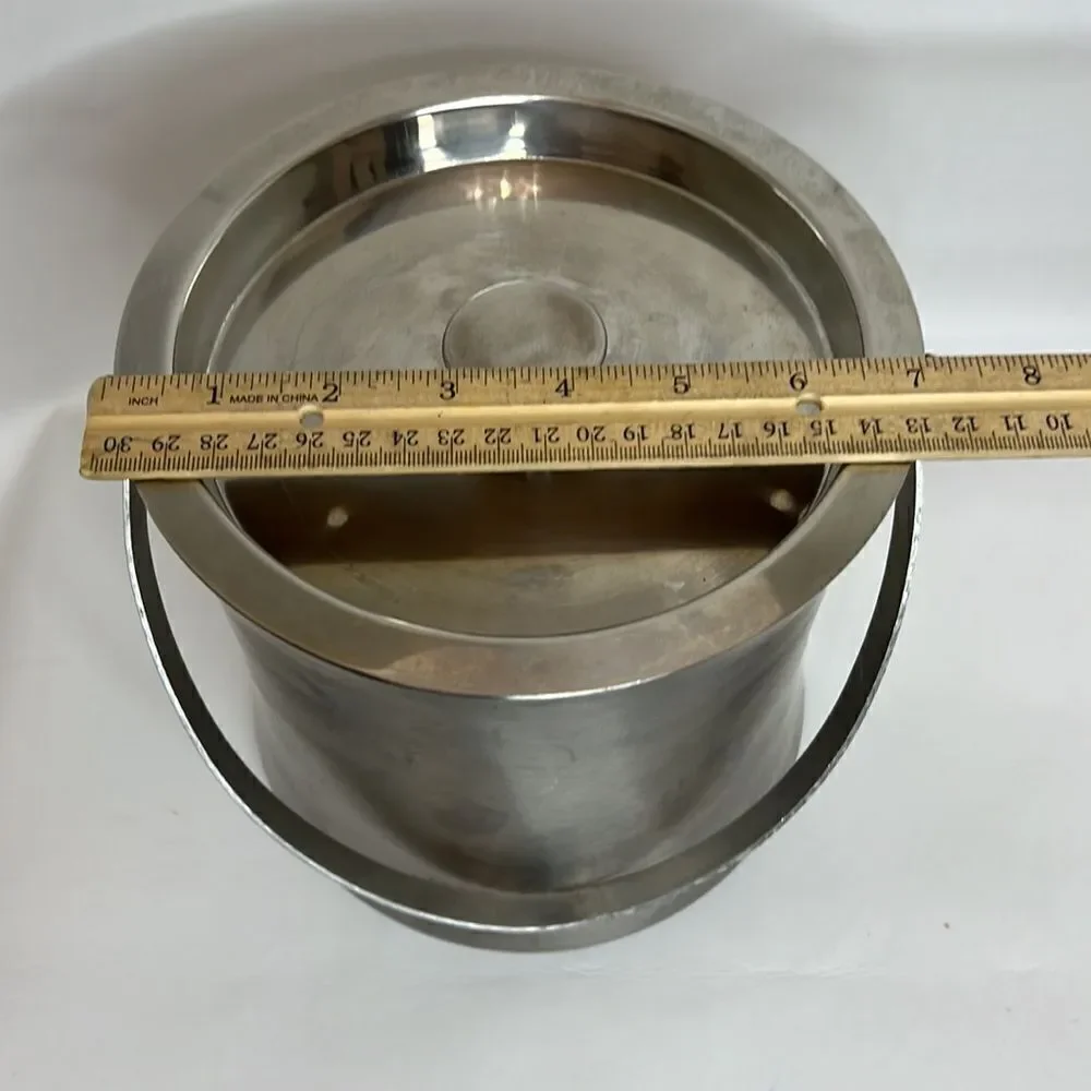 Ice Bucket Vintage Silver Metal Lid Handle Ice Scoop 12 Cup 7 In Tall 7 In Round